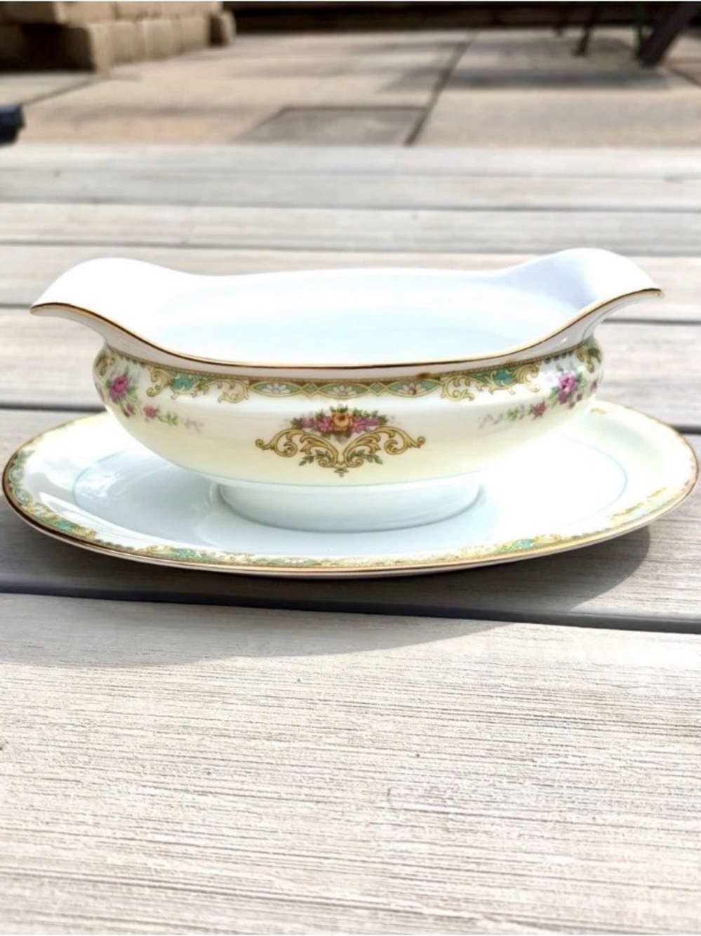Noritake Vintage White Porcelain Gravy Boat with Gold Trim and Pink Floral Motif